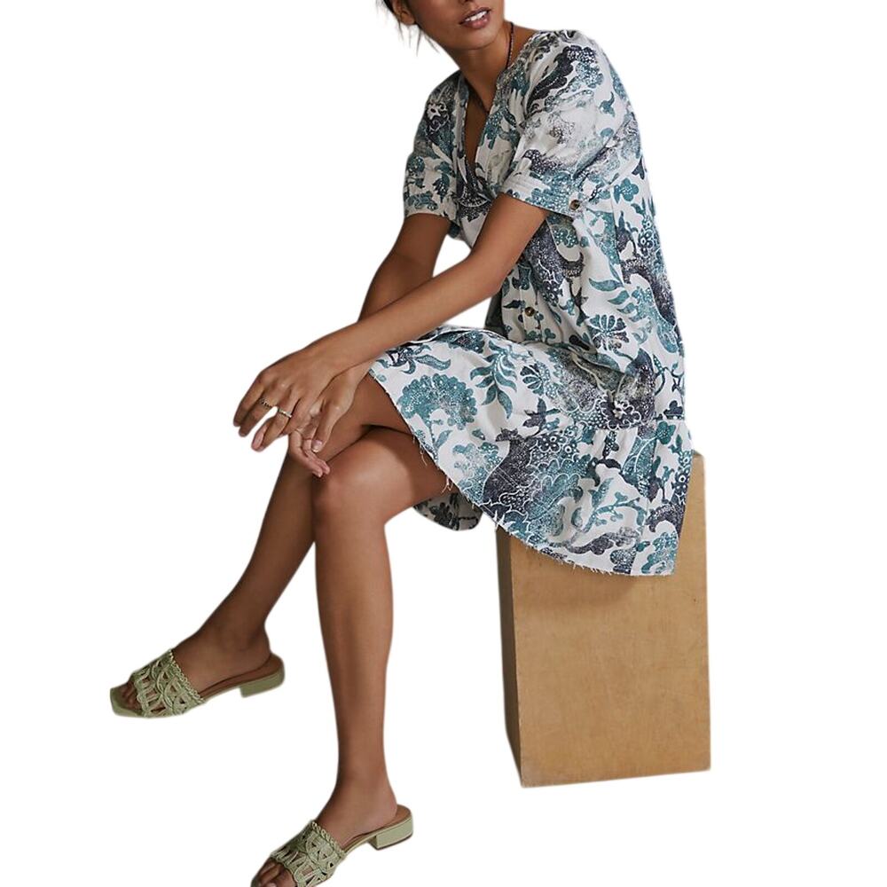 Anthropologie Printed Blue Pilcro Puff-Sleeve Tunic Size M